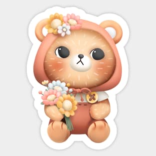 Adorable Cartoon Bear with Flowers Illustration Sticker